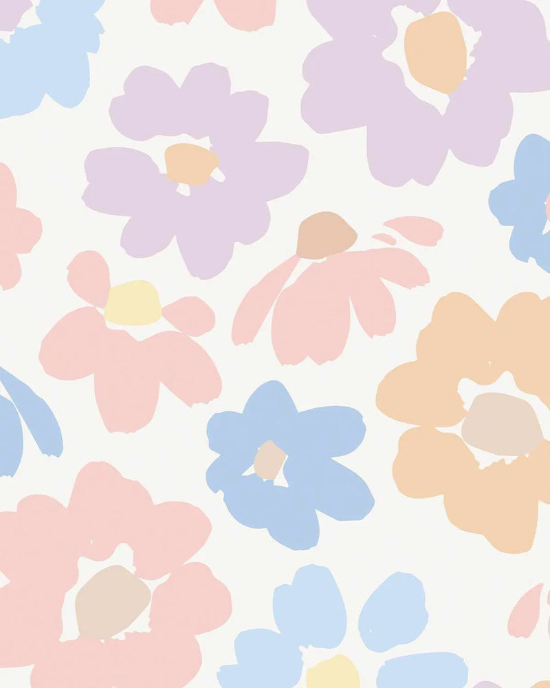 Peel and stick wallpaper featuring a repeating pattern of hand-painted flowers in pastel shades of lavender, baby blue, peach, and pale pink on a soft white background. The floral design has a loose, organic watercolour quality with visible brushstroke texture.