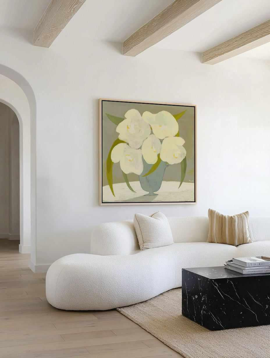 Vase with White Flowers by Marco Marella | Framed Canvas Art Print from Olive et Oriel where you can shop wallpaper and artworks online
