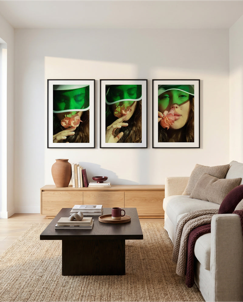 Vespa's Kiss I, II & III by Mario Stefanelli | 3 Piece Wall Art Set in Green art print oak frame with white border