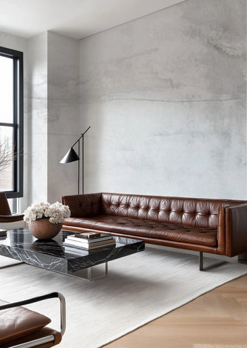 Lifestyle shot of a modern living room featuring Vienna Grey wallpaper on the walls. The wallpaper has a soft, mottled grey and white texture with subtle horizontal lines, resembling concrete or a distressed plaster finish. A long, tufted brown leather sofa sits against the wallpapered wall, with a black marble coffee table and a black floor lamp nearby. A large window with a black frame is visible on the left, and a light-coloured rug covers part of the light wood floor.