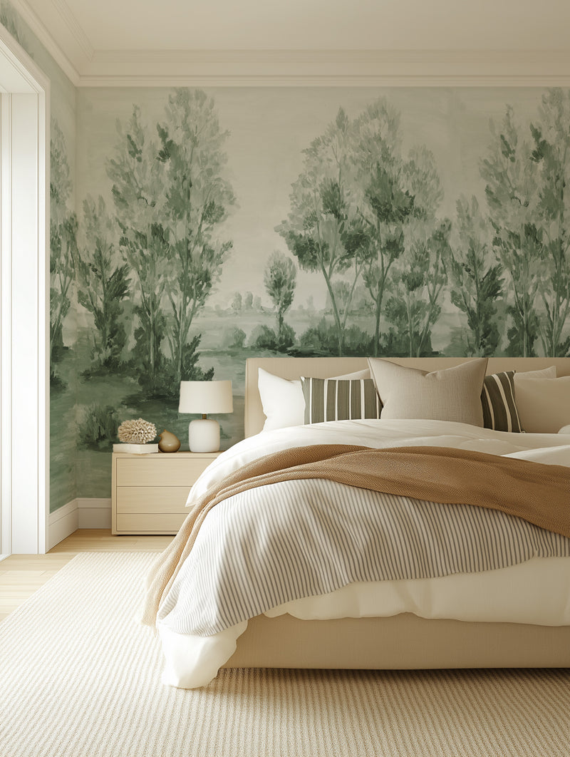 Vintage Woodland Trees in Emerald Green Panoramic Painted Mural Wallpaper from Olive et Oriel where you can shop wallpaper and artworks online