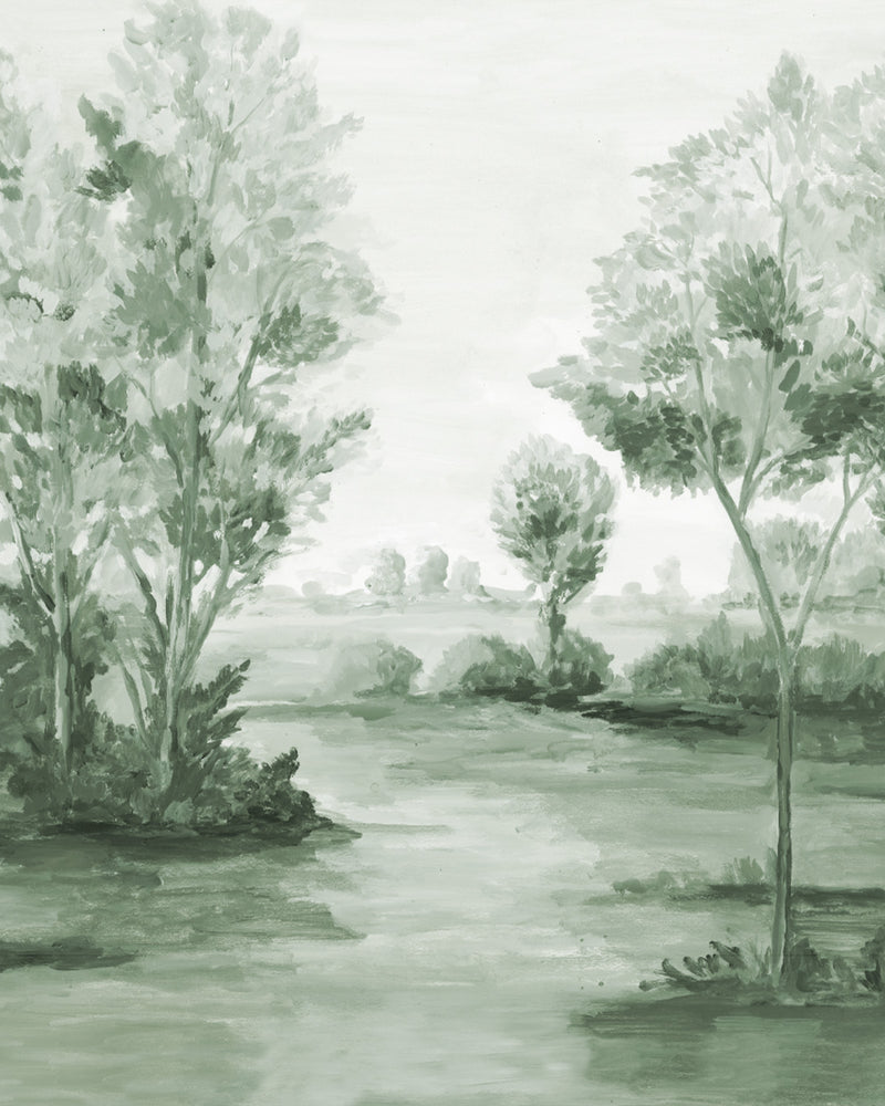 Vintage Woodland Trees in Emerald Green Panoramic Painted Mural Wallpaper from Olive et Oriel where you can shop wallpaper and artworks online