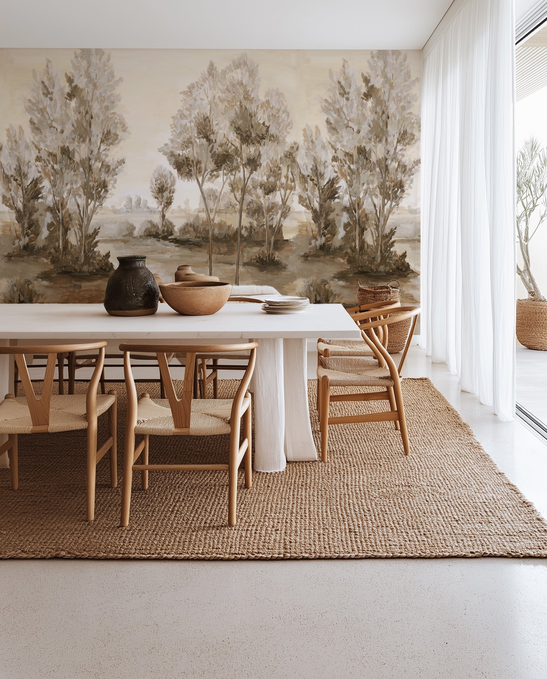 Vintage Woodland Trees in Warm Brown Panoramic Painted Mural Wallpaper from Olive et Oriel where you can shop wallpaper and artworks online