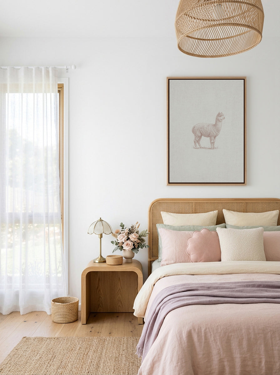 Vintage Alpaca Farm Animals on Linen | Framed Canvas Art Print