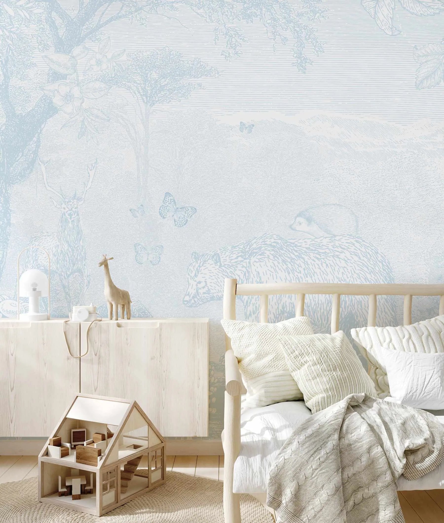 Vintage Animal Forest in Powder Blue Wallpaper Mural - Olive et Oriel