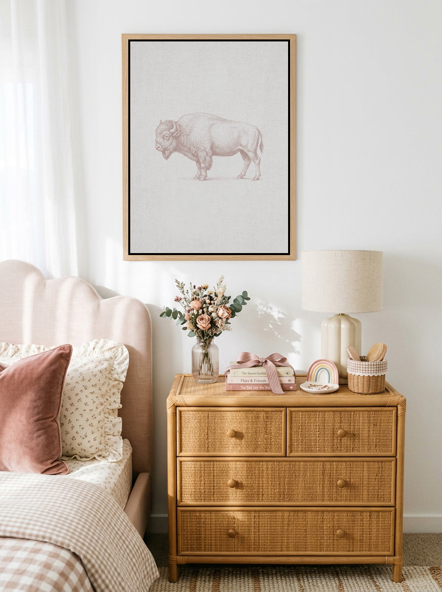 Vintage Bison Farm Animals on Linen | Framed Canvas Art Print
