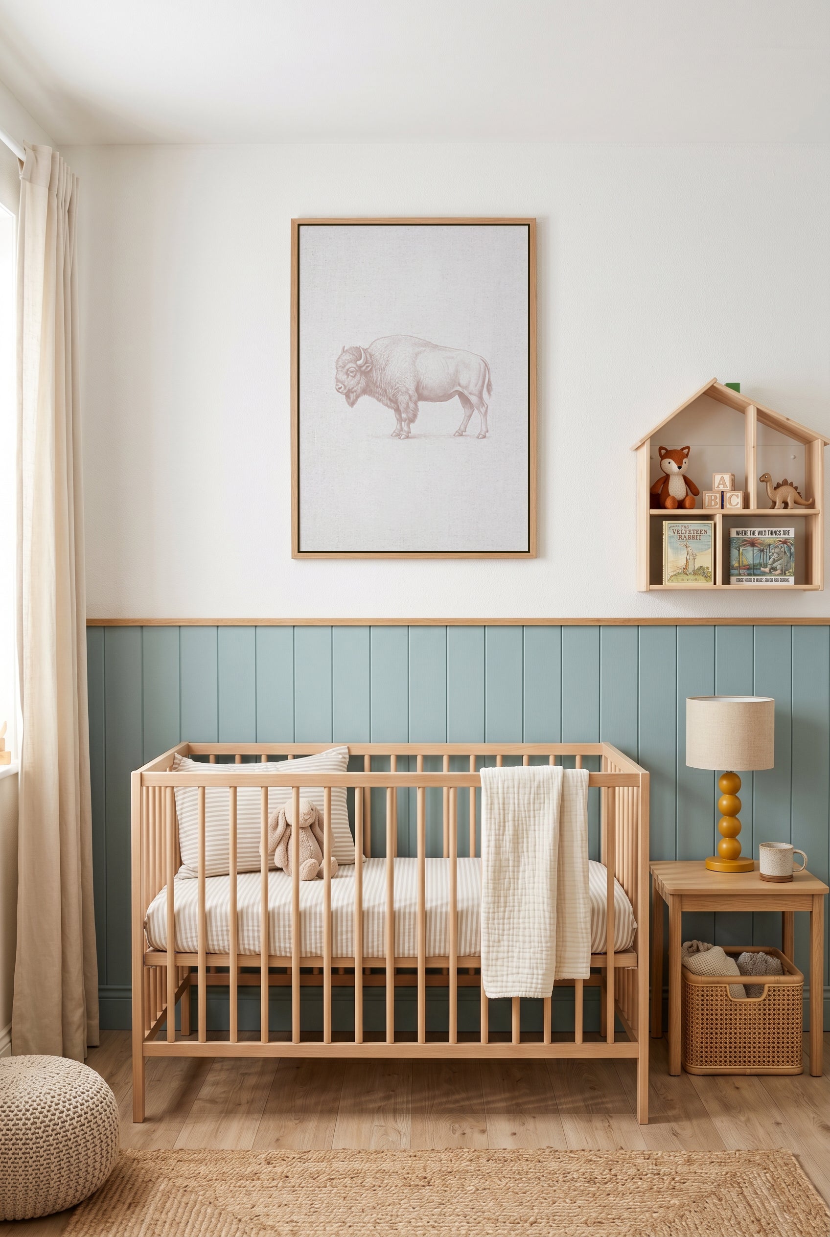 Vintage Bison Farm Animals on Linen | Framed Canvas Art Print
