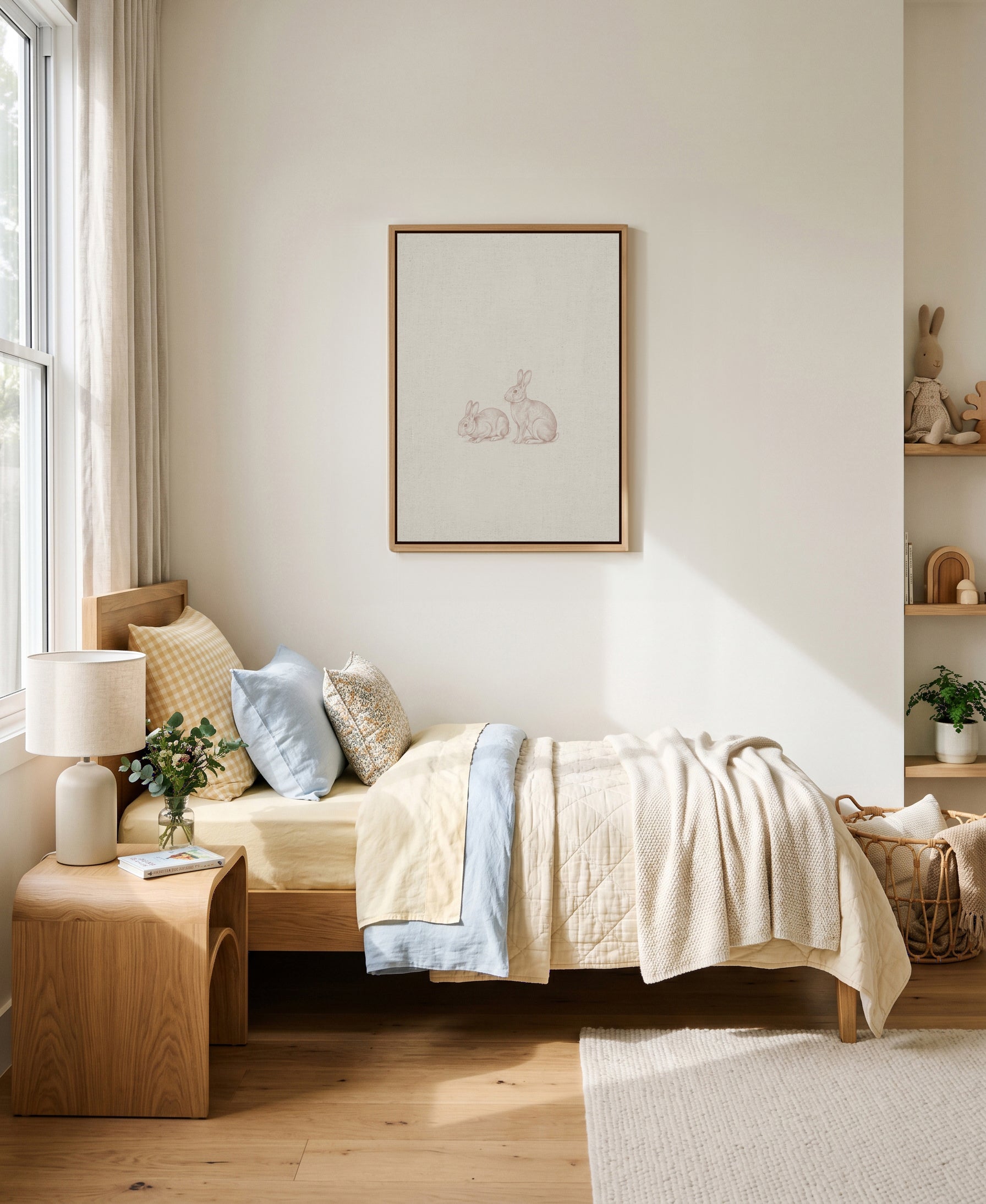 Vintage Bunnies Farm Animals on Linen | Framed Canvas Art Print