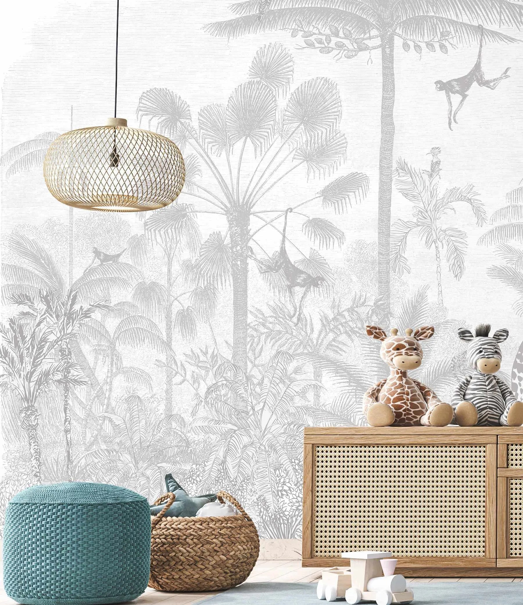 Vintage Jungle in Mist Wallpaper Mural-Wallpaper-Buy Kids Removable Wallpaper Online Our Custom Made Children√¢‚Ç¨‚Ñ¢s Wallpapers Are A Fun Way To Decorate And Enhance Boys Bedroom Decor And Girls Bedrooms They Are An Amazing Addition To Your Kids Bedroom Walls Our Collection of Kids Wallpaper Is Sure To Transform Your Kids Rooms Interior Style From Pink Wallpaper To Dinosaur Wallpaper Even Marble Wallpapers For Teen Boys Shop Peel And Stick Wallpaper Online Today With Olive et Oriel