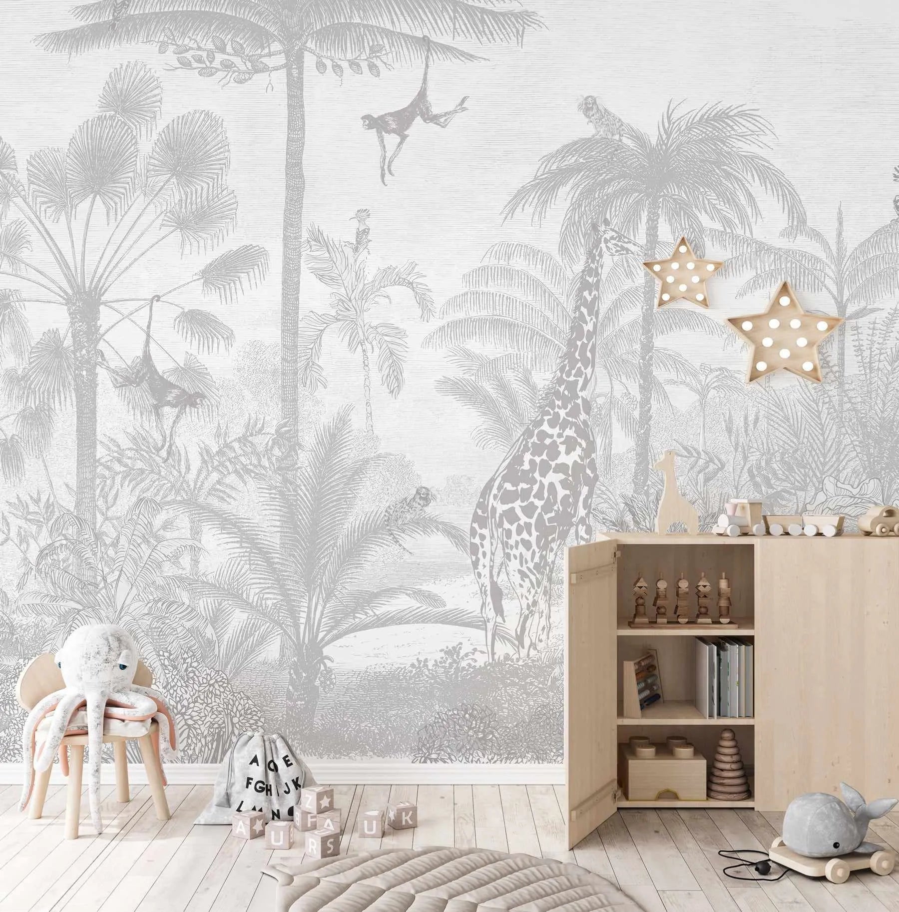 Vintage Jungle in Mist Wallpaper Mural-Wallpaper-Buy Kids Removable Wallpaper Online Our Custom Made Children√¢‚Ç¨‚Ñ¢s Wallpapers Are A Fun Way To Decorate And Enhance Boys Bedroom Decor And Girls Bedrooms They Are An Amazing Addition To Your Kids Bedroom Walls Our Collection of Kids Wallpaper Is Sure To Transform Your Kids Rooms Interior Style From Pink Wallpaper To Dinosaur Wallpaper Even Marble Wallpapers For Teen Boys Shop Peel And Stick Wallpaper Online Today With Olive et Oriel