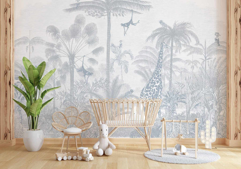 SALE Vintage Jungle in Powder Blue Wallpaper Mural