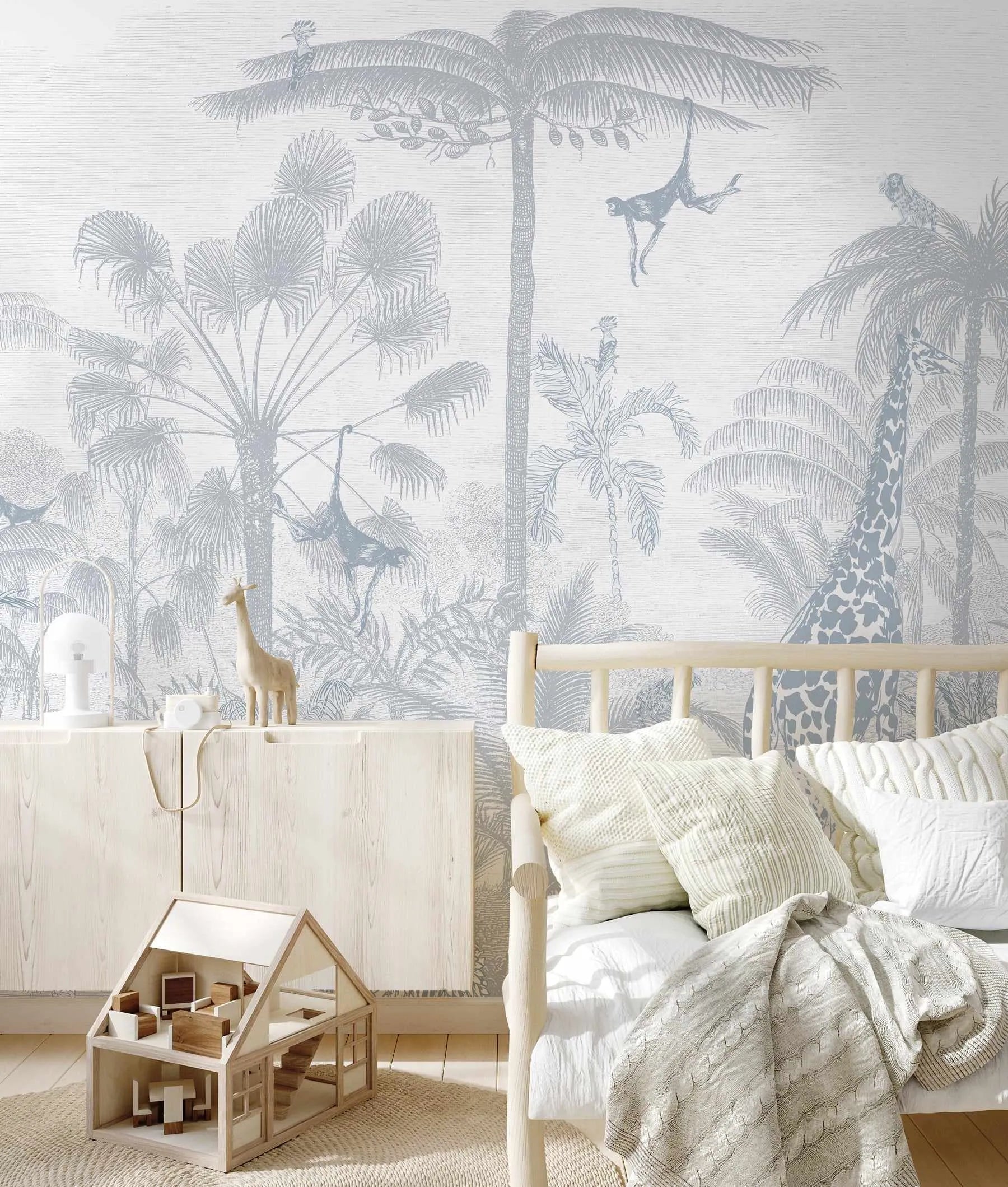 Vintage Jungle in Powder Blue Wallpaper Mural-Wallpaper-Buy Kids Removable Wallpaper Online Our Custom Made Children√¢‚Ç¨‚Ñ¢s Wallpapers Are A Fun Way To Decorate And Enhance Boys Bedroom Decor And Girls Bedrooms They Are An Amazing Addition To Your Kids Bedroom Walls Our Collection of Kids Wallpaper Is Sure To Transform Your Kids Rooms Interior Style From Pink Wallpaper To Dinosaur Wallpaper Even Marble Wallpapers For Teen Boys Shop Peel And Stick Wallpaper Online Today With Olive et Oriel
