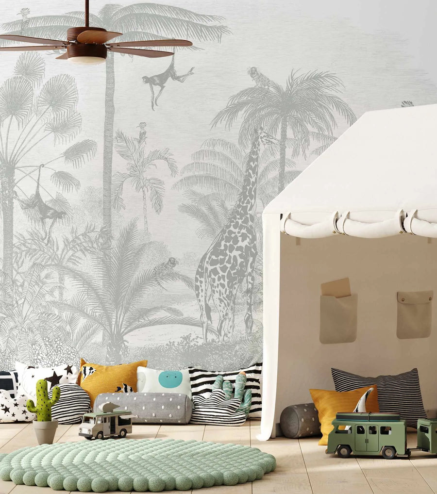 Vintage Jungle in Soft Sage Wallpaper Mural-Wallpaper-Buy Kids Removable Wallpaper Online Our Custom Made Children√¢‚Ç¨‚Ñ¢s Wallpapers Are A Fun Way To Decorate And Enhance Boys Bedroom Decor And Girls Bedrooms They Are An Amazing Addition To Your Kids Bedroom Walls Our Collection of Kids Wallpaper Is Sure To Transform Your Kids Rooms Interior Style From Pink Wallpaper To Dinosaur Wallpaper Even Marble Wallpapers For Teen Boys Shop Peel And Stick Wallpaper Online Today With Olive et Oriel
