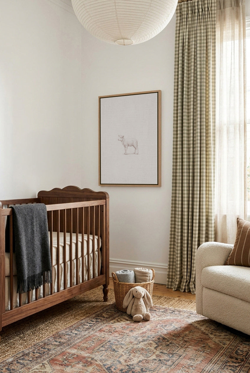 Vintage Lamb Farm Animals on Linen | Framed Canvas Art Print