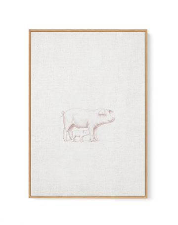Vintage Pig Farm Animal on Linen | Framed Canvas Art Print