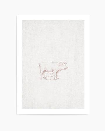 Vintage Pig Farm Animal on Linen | Art Print