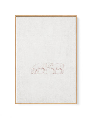 Vintage Piglets Farm Animals on Linen | Framed Canvas Art Print
