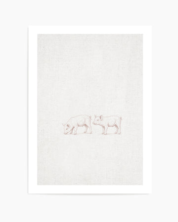 Vintage Piglets Farm Animals on Linen | Art Print