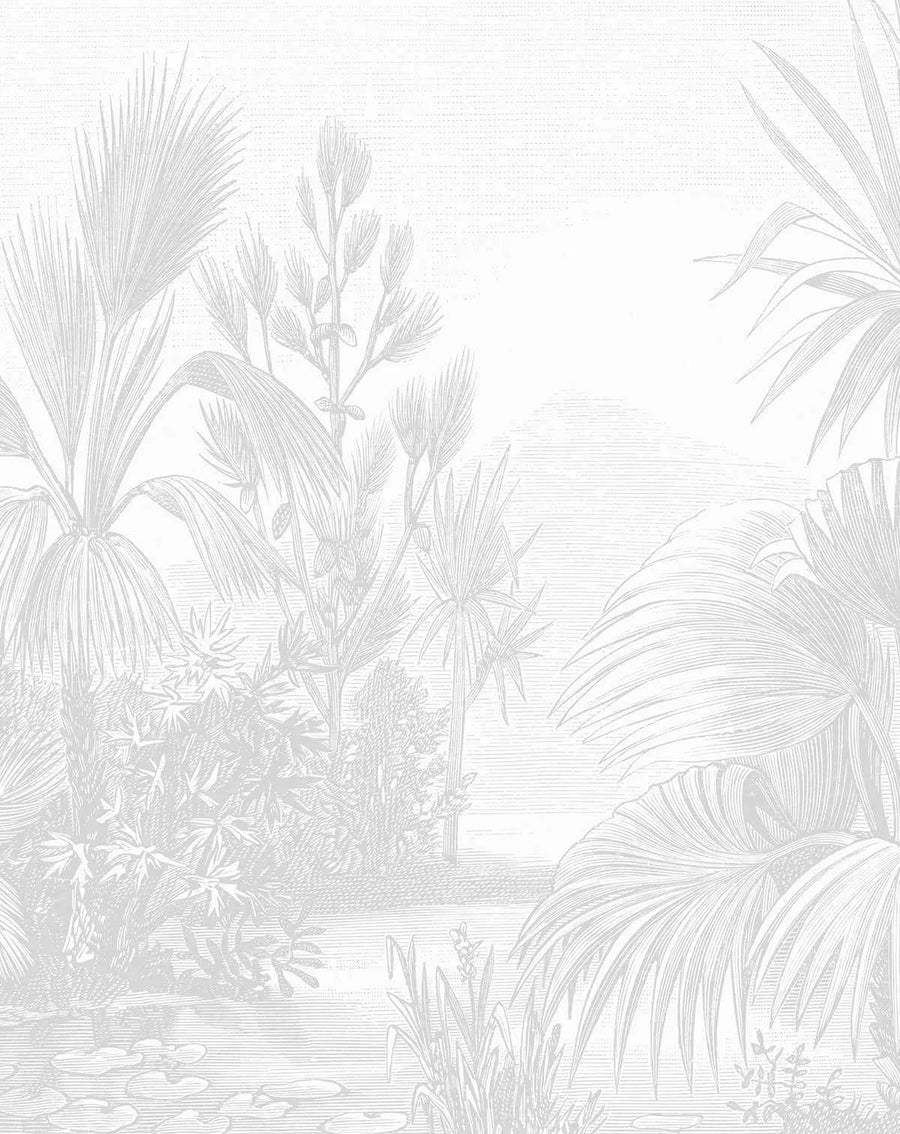 Peel and stick wallpaper featuring an intricate vintage illustration of a tropical landscape in light grey on a white background. The design depicts various palm trees, lush foliage, and water lilies in a pond, with a subtle horizontal line texture suggesting a distant horizon.