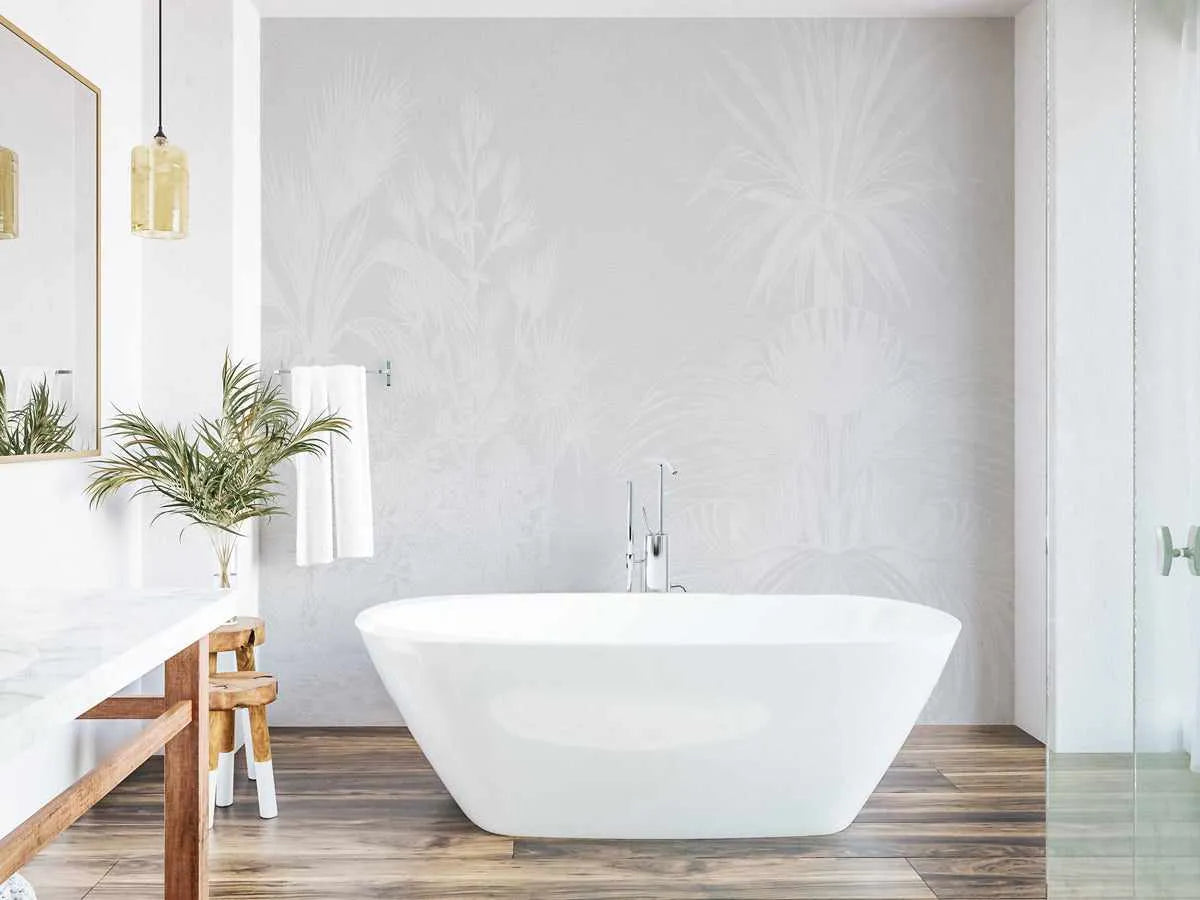 Vintage Tropics - White on Grey Wallpaper Mural from Olive et Oriel where you can shop wallpaper and artworks online