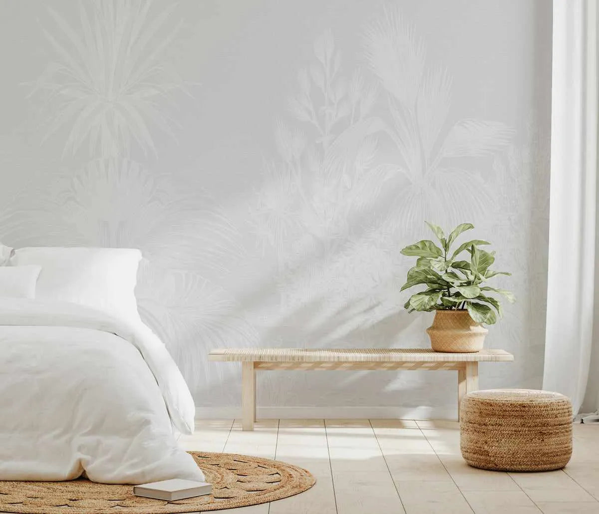 Vintage Tropics - White on Grey Wallpaper Mural from Olive et Oriel where you can shop wallpaper and artworks online