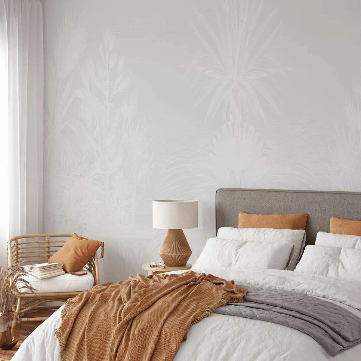 Vintage Tropics - White on Grey Wallpaper Mural from Olive et Oriel where you can shop wallpaper and artworks online