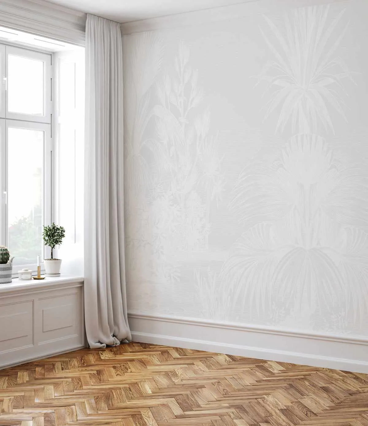 Vintage Tropics - White on Grey Wallpaper Mural from Olive et Oriel where you can shop wallpaper and artworks online