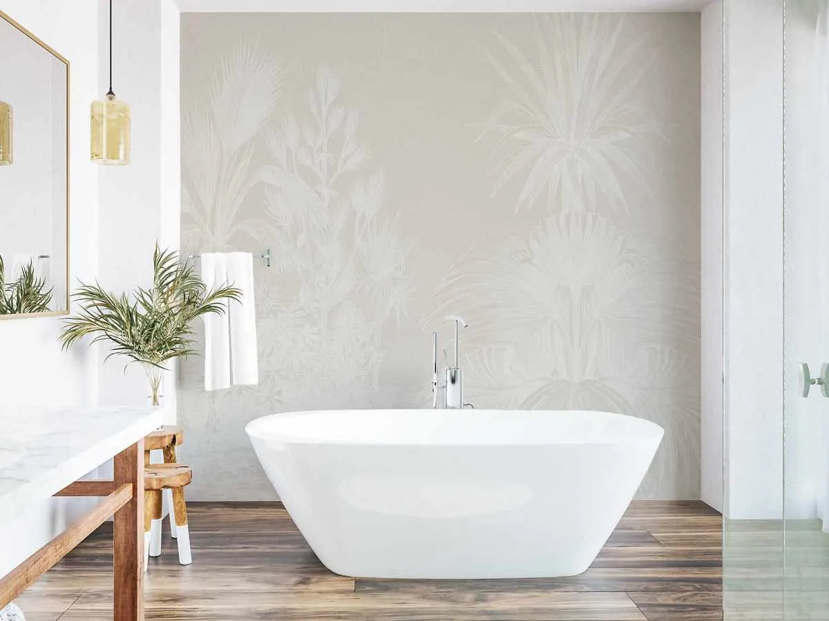 Vintage Tropics in Beige Wallpaper Mural from Olive et Oriel where you can shop wallpaper and artworks online