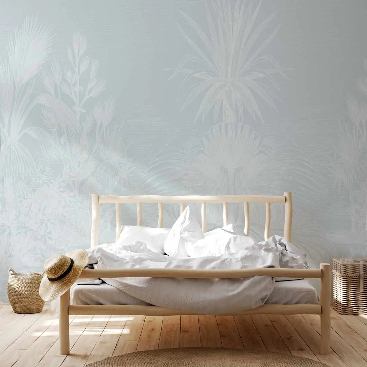 Vintage Tropics in Hamptons Blue Wallpaper Mural from Olive et Oriel where you can shop wallpaper and artworks online