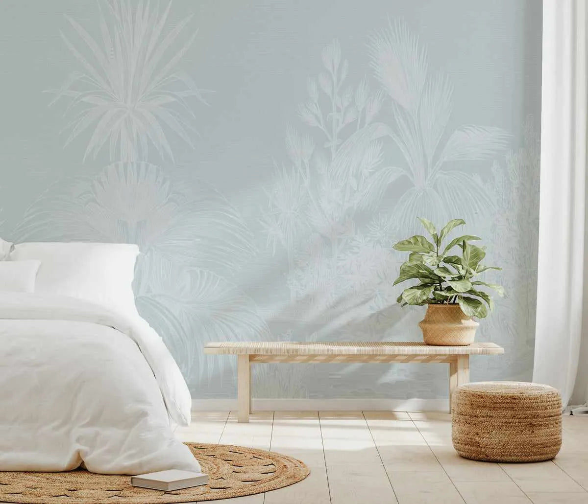 Vintage Tropics in Hamptons Blue Wallpaper Mural from Olive et Oriel where you can shop wallpaper and artworks online