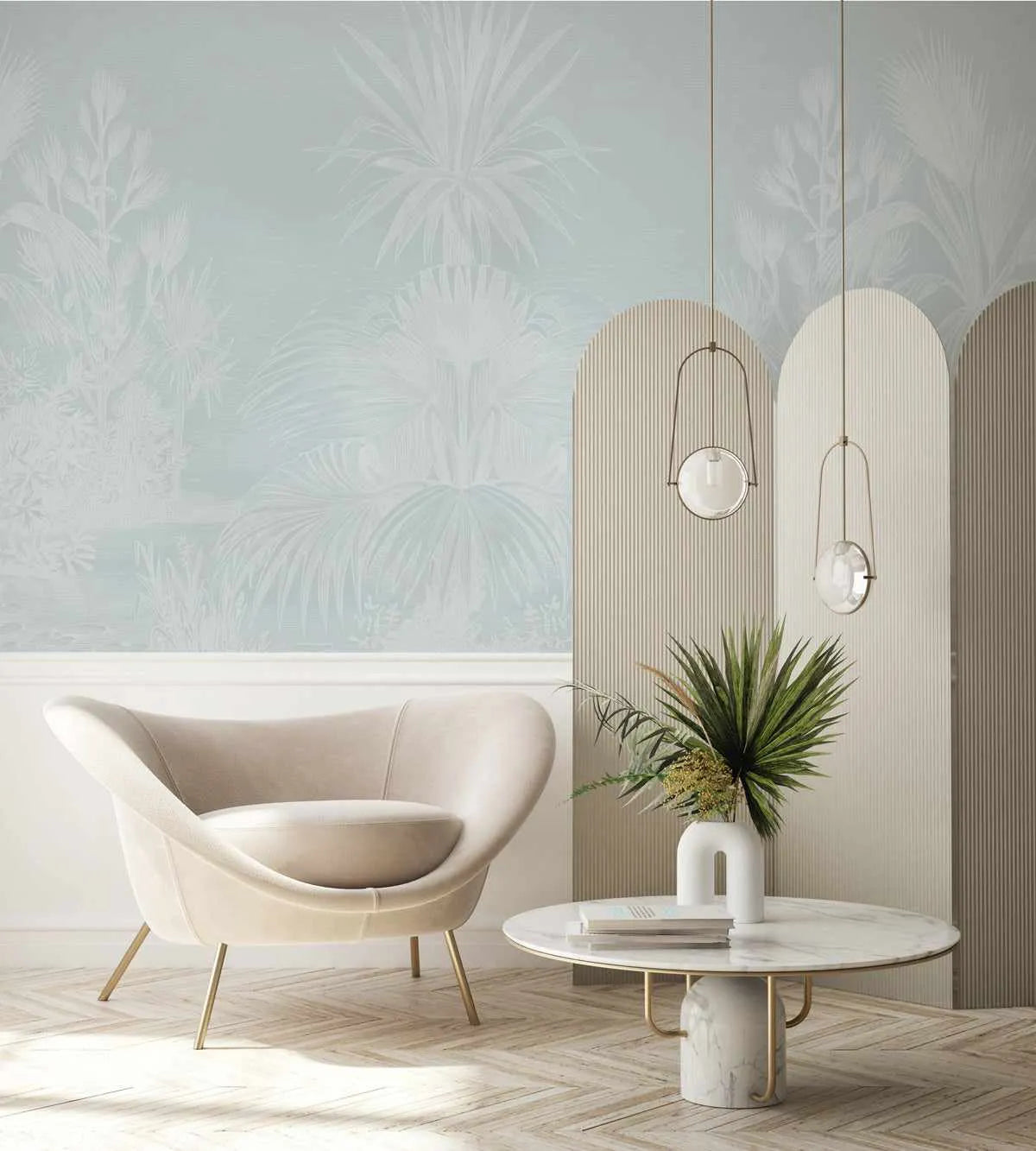 Vintage Tropics in Hamptons Blue Wallpaper Mural from Olive et Oriel where you can shop wallpaper and artworks online