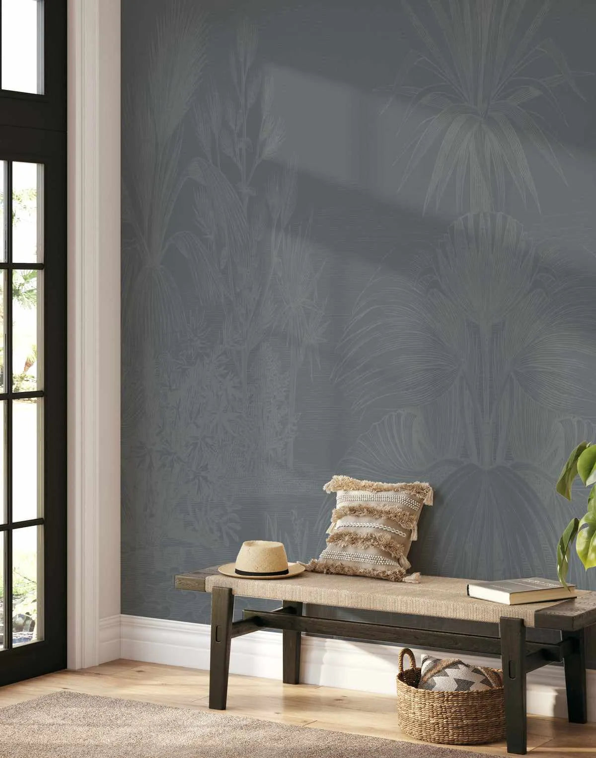 Vintage Tropics in Steel Wallpaper Mural from Olive et Oriel where you can shop wallpaper and artworks online