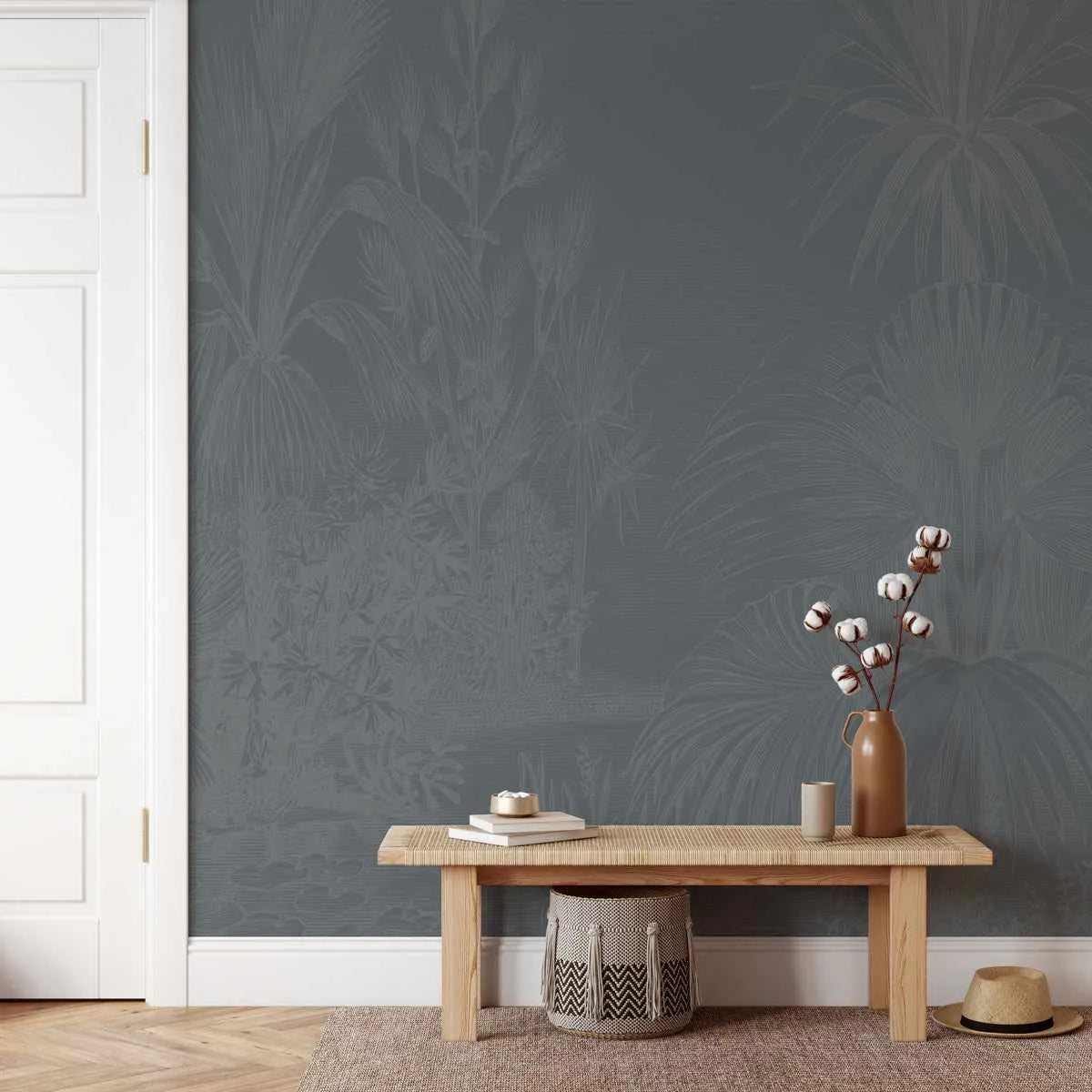 Vintage Tropics in Steel Wallpaper Mural from Olive et Oriel where you can shop wallpaper and artworks online