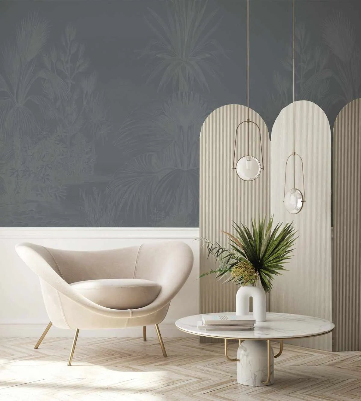 Vintage Tropics in Steel Wallpaper Mural from Olive et Oriel where you can shop wallpaper and artworks online