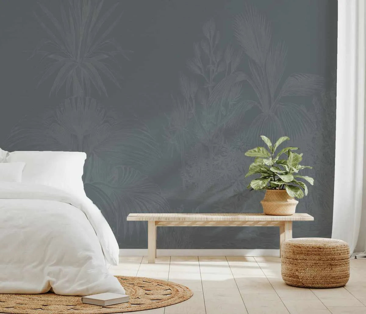 Vintage Tropics in Steel Wallpaper Mural from Olive et Oriel where you can shop wallpaper and artworks online