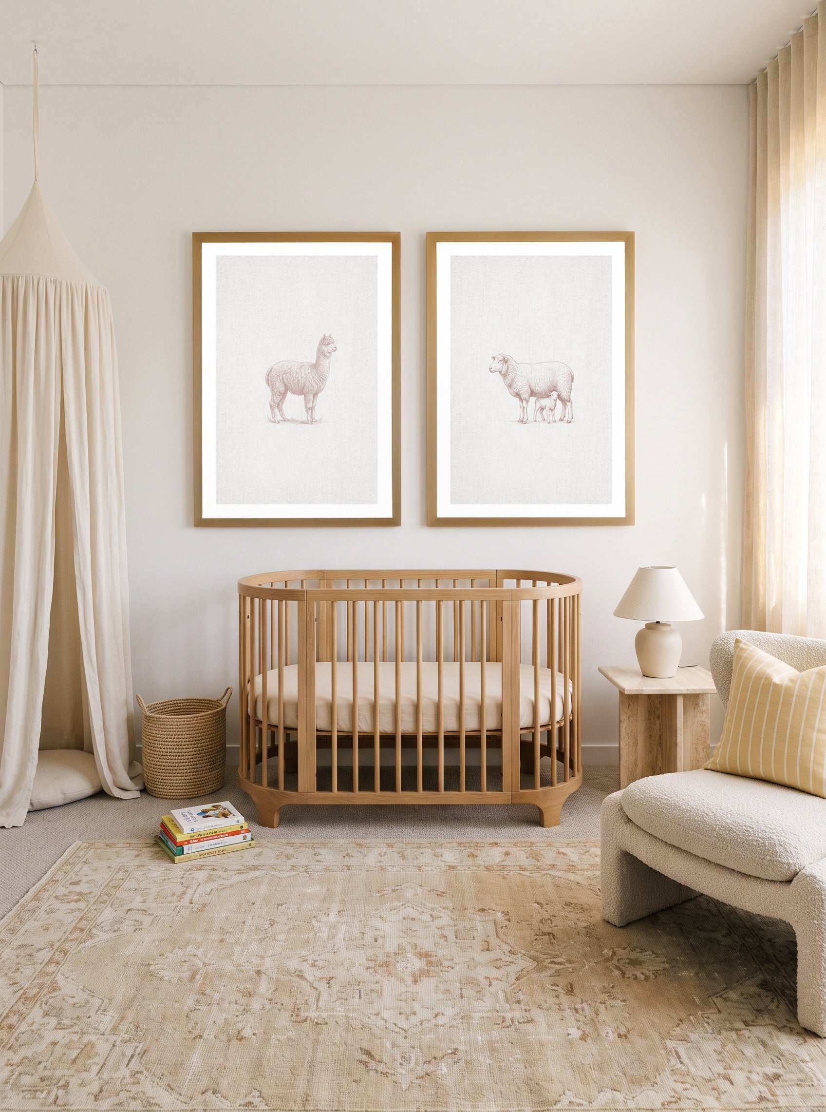 Vintage Alpaca & Sheep Farm Animals on Linen Art Print Set of 2 | Matching Wall Art