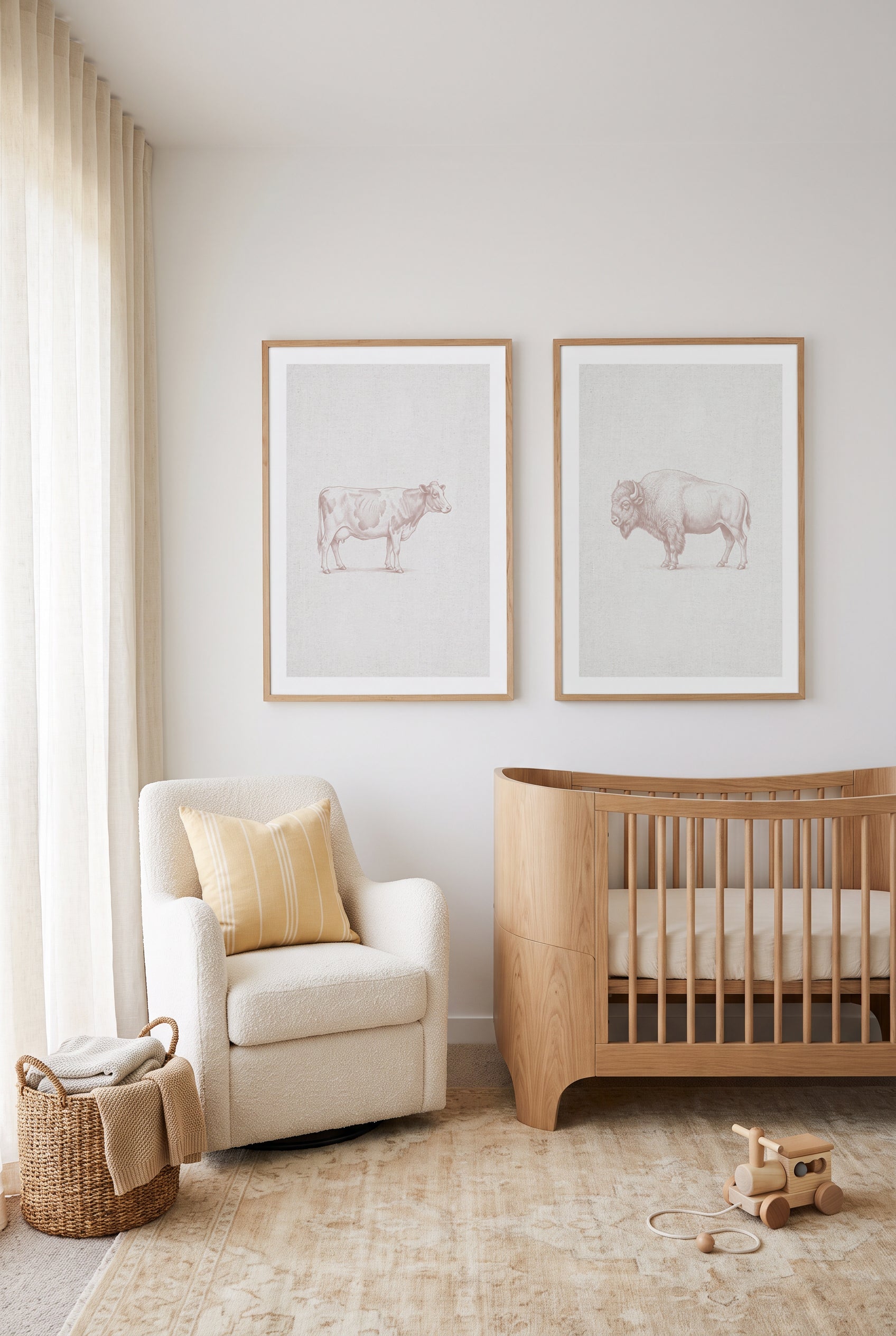 Vintage Bison & Dairy Cow Farm Animal on Linen Art Print Set of 2 | Matching Wall Art