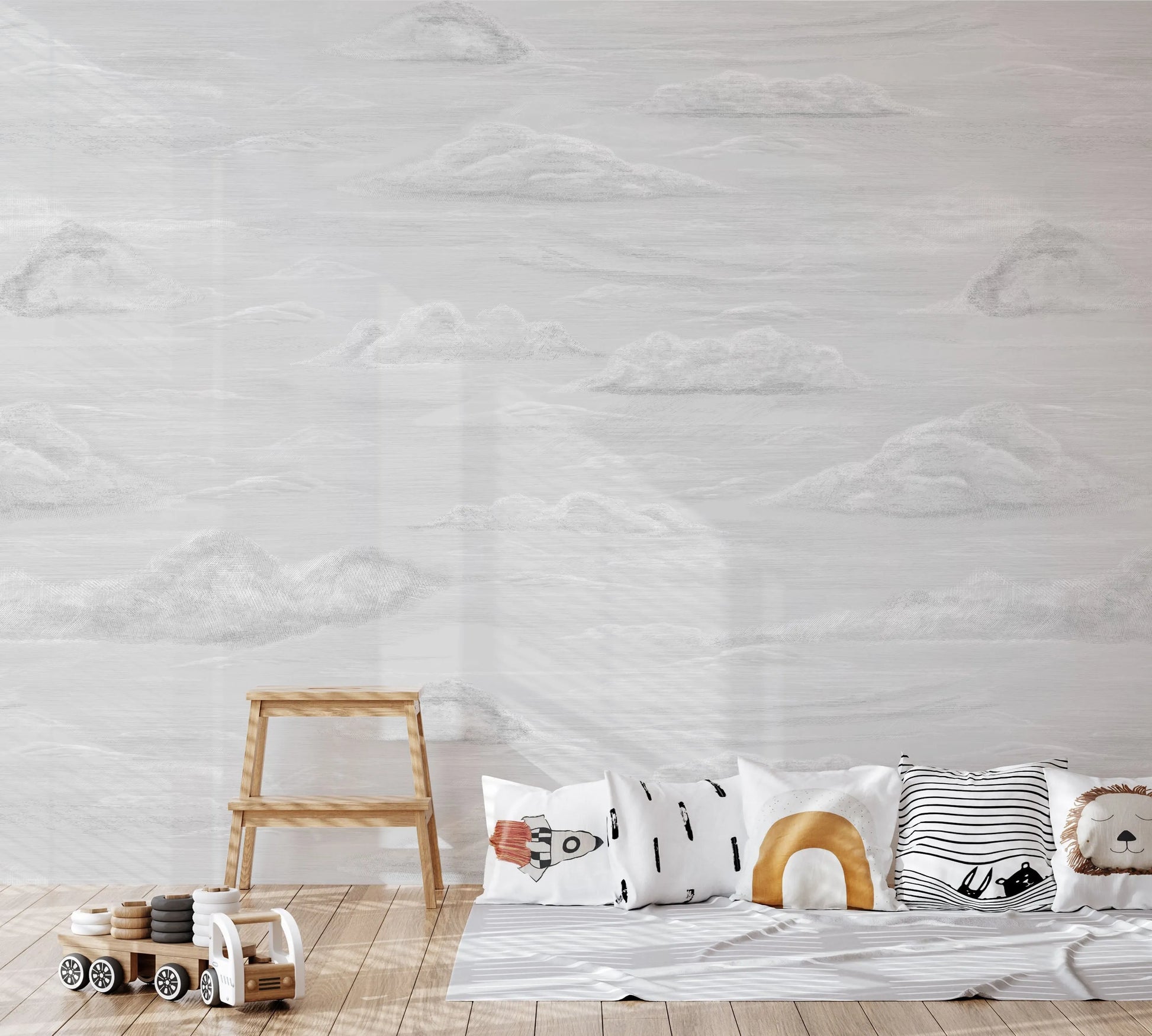 Vintage Clouds in Grey Wallpaper from Olive et Oriel where you can shop wallpaper and artworks online