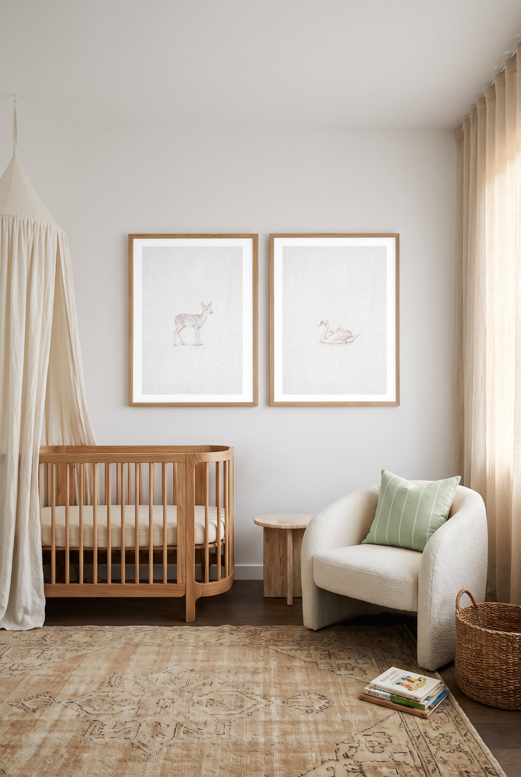 Vintage Deer & Swans Farm Animals on Linen Art Print Set of 2 | Matching Wall Art