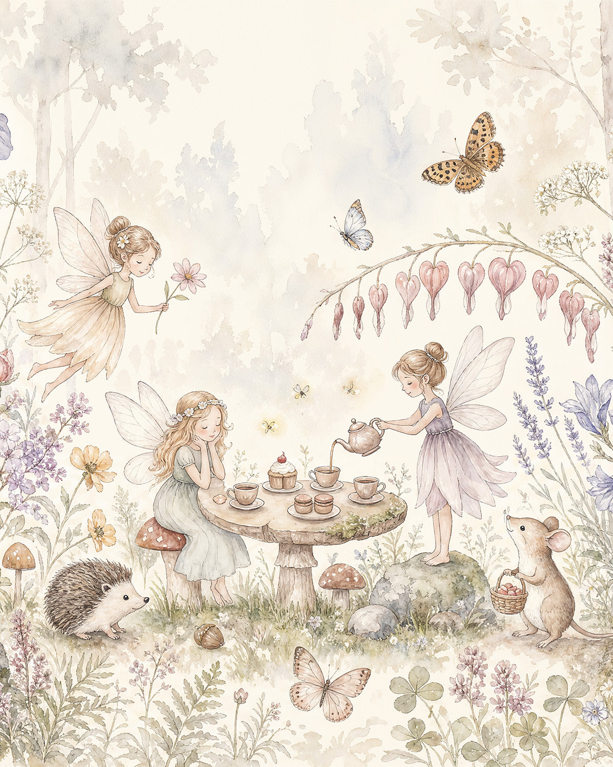 Vintage Fairy Garden Tea Party Wallpaper Mural