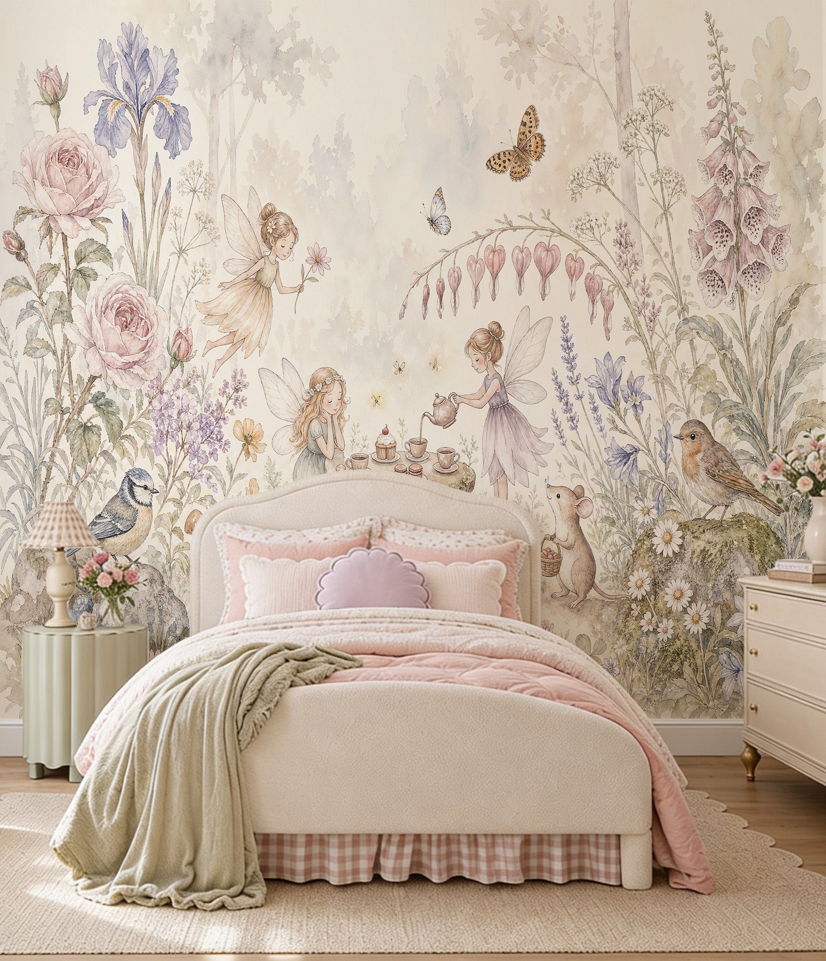 Vintage Fairy Garden Tea Party Wallpaper Mural