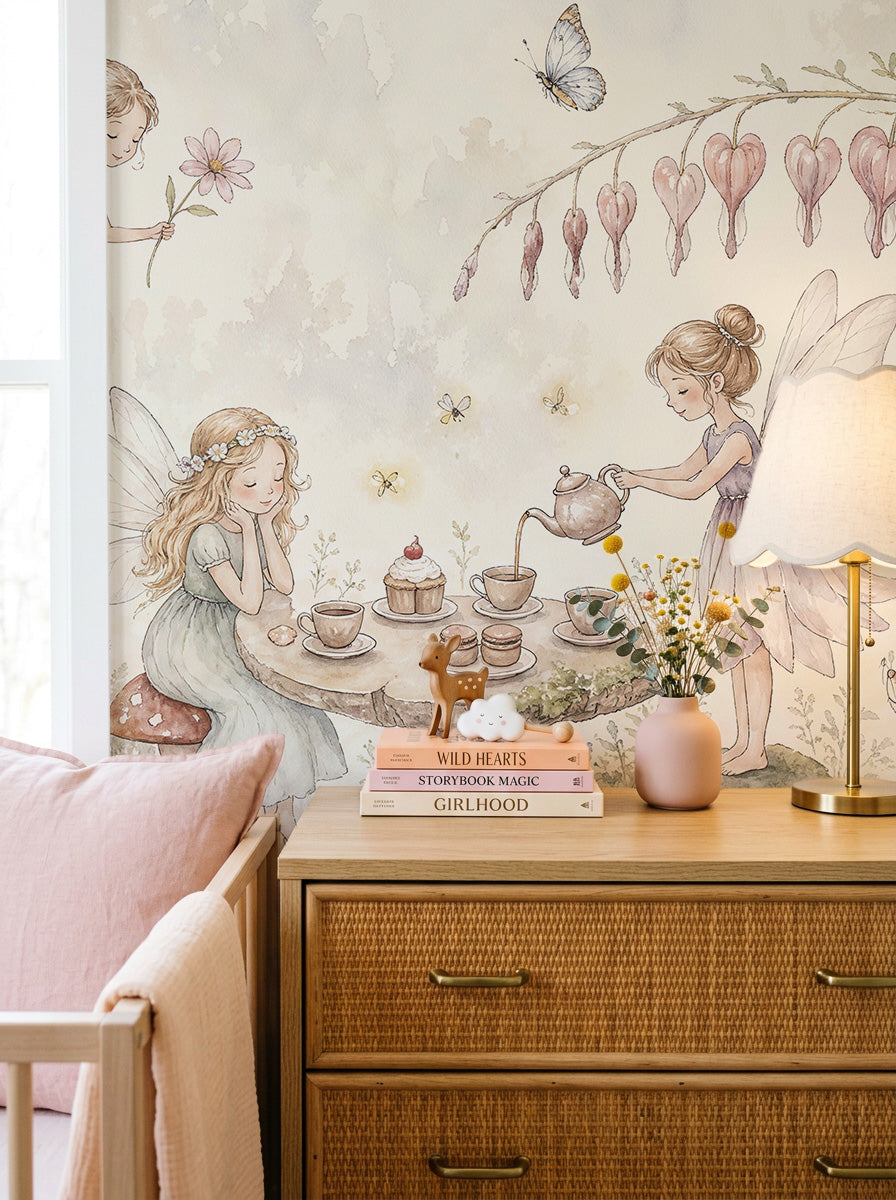 Vintage Fairy Garden Tea Party Wallpaper Mural
