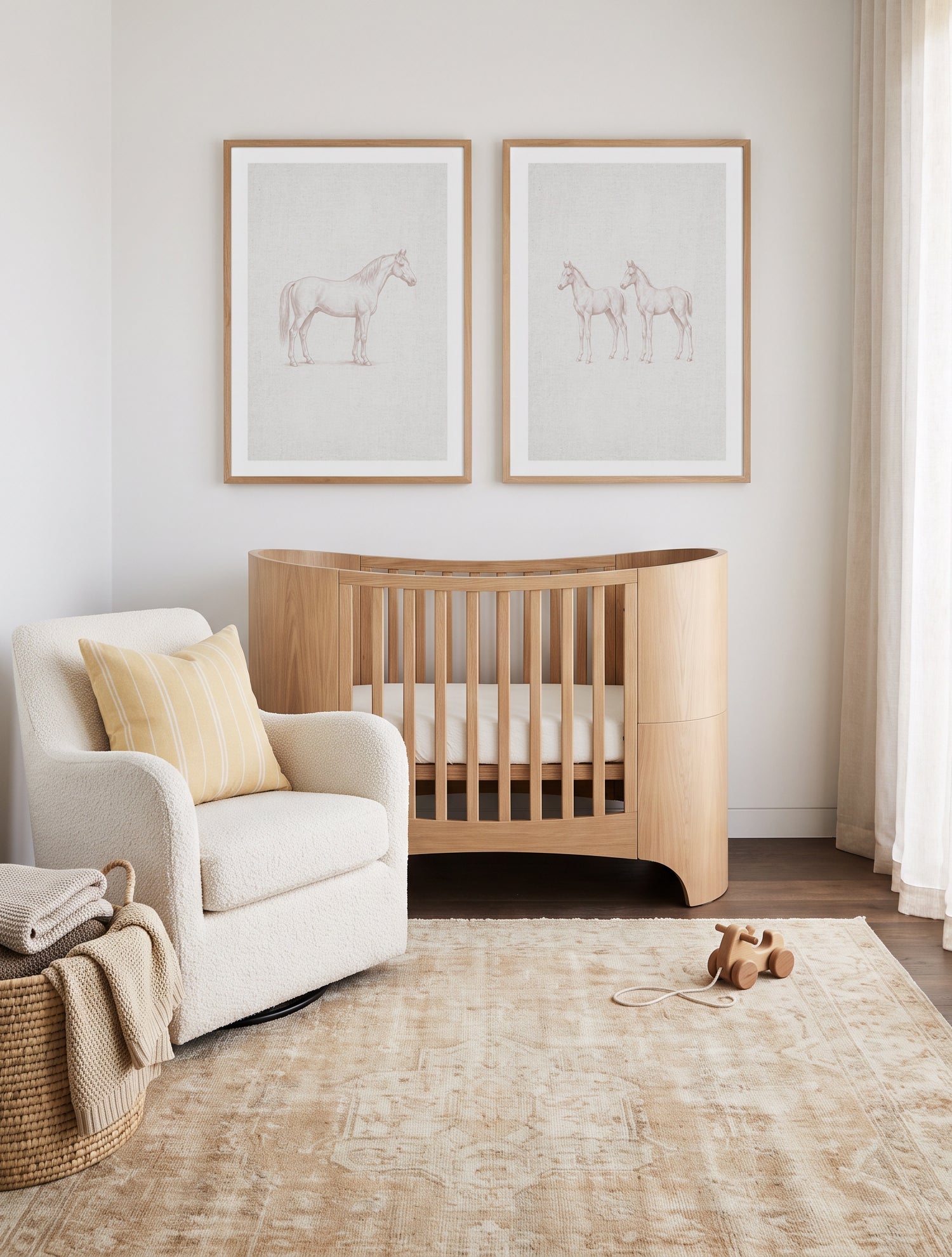 Vintage Horse & Foal Farm Animal on Linen Art Print Set of 2 | Matching Wall Art