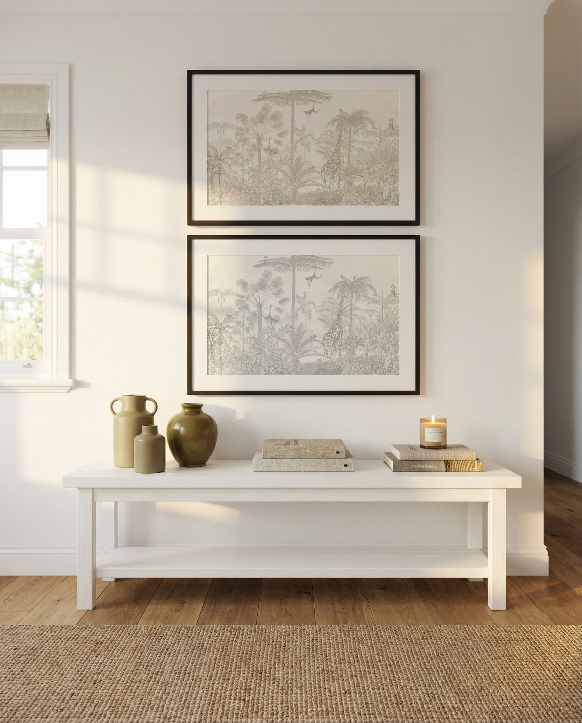 Vintage Jungle In Sahara & Mist Art Print Set of 2 | Matching Wall Art