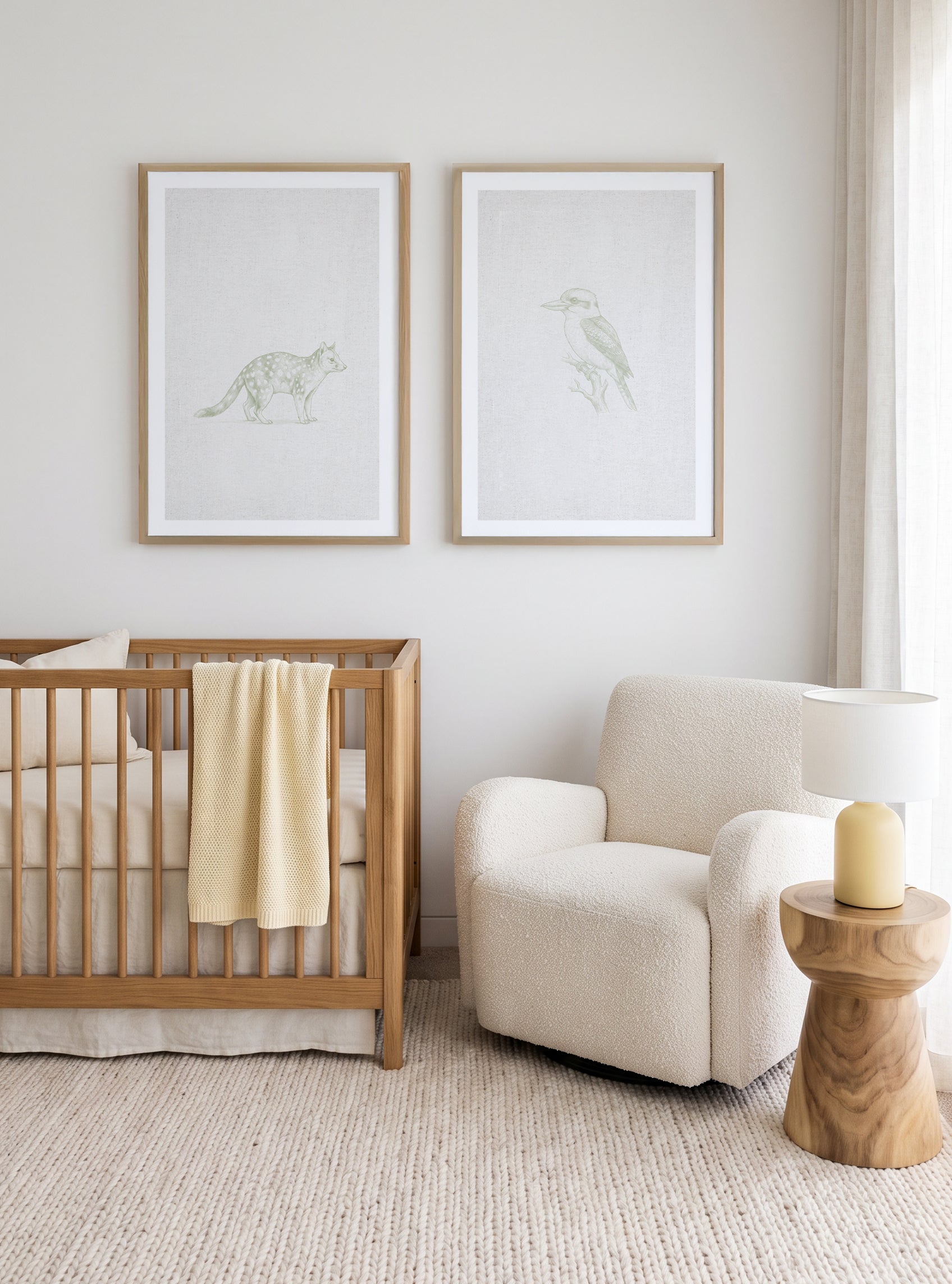 Vintage Kookaburra & Spotted Quoll Australian Animals on Linen Art Print Set of 2 | Matching Wall Art