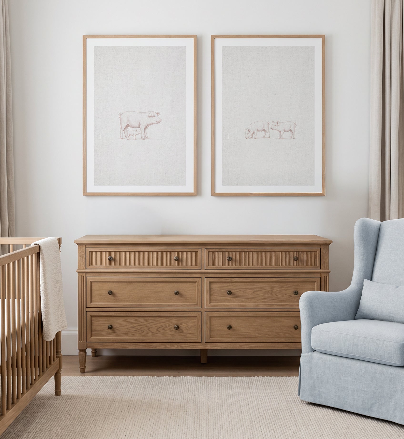 Vintage Pig & Piglets Farm Animal on Linen Art Print Set of 2 | Matching Wall Art