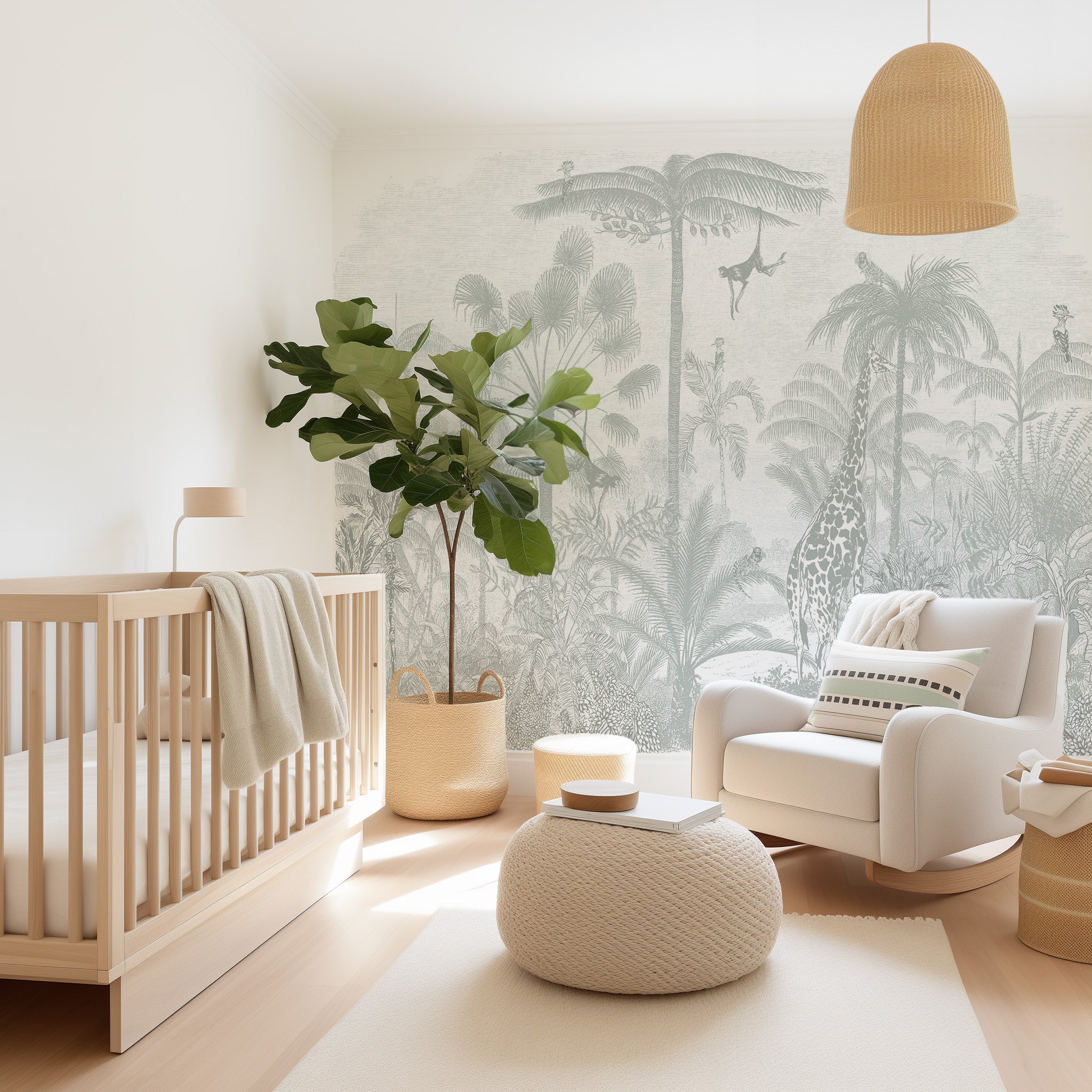 Vintage Jungle in Soft Sage Wallpaper Mural