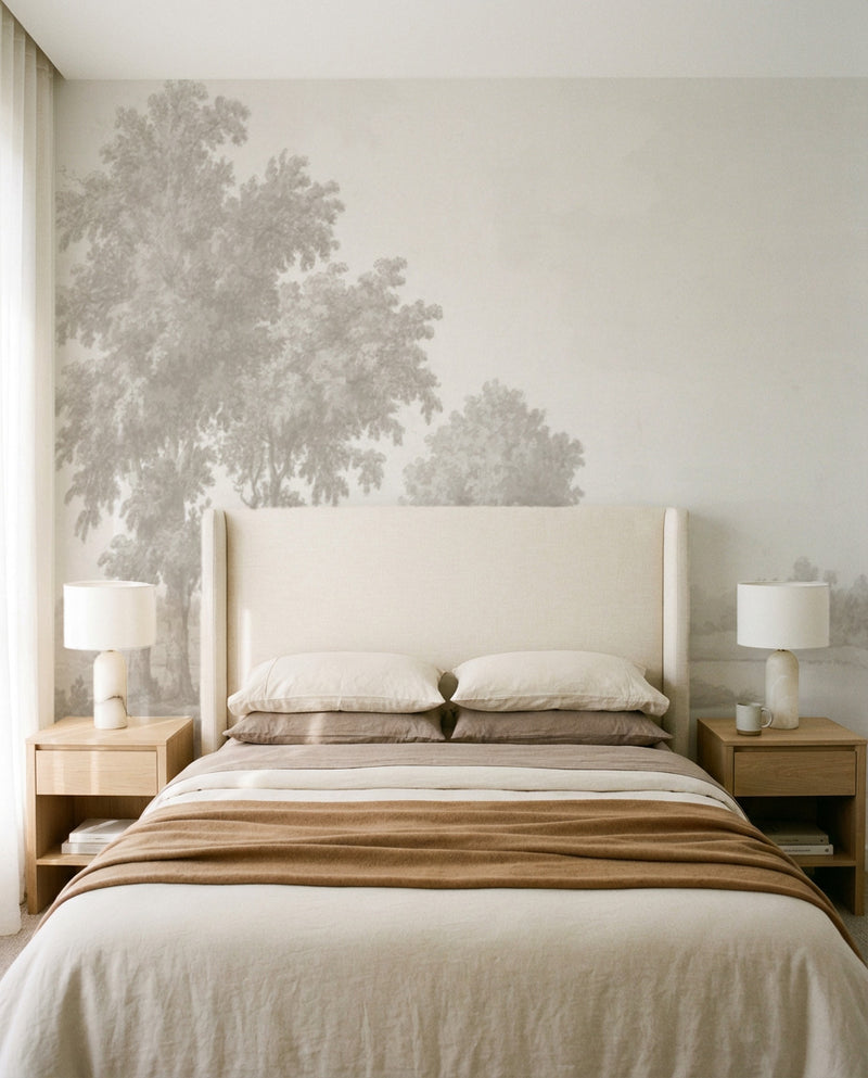 Vintage Oak Tree Wallpaper Mural in Beige botanical art print