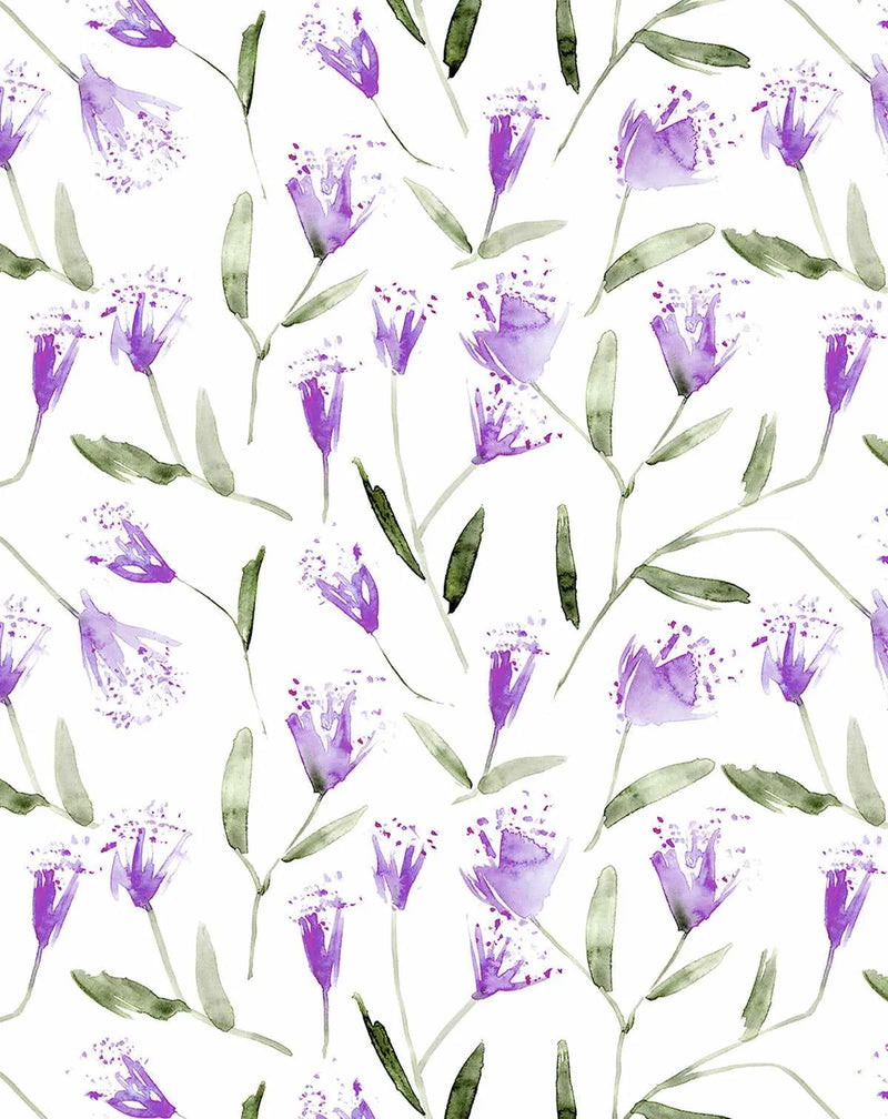 Peel and stick wallpaper featuring a repeating pattern of hand-painted violet flowers with delicate purple petals and white stamen, with slender green stems and leaves, on a clean white background. The botanical design has a loose, organic watercolour quality with visible brushstroke texture.