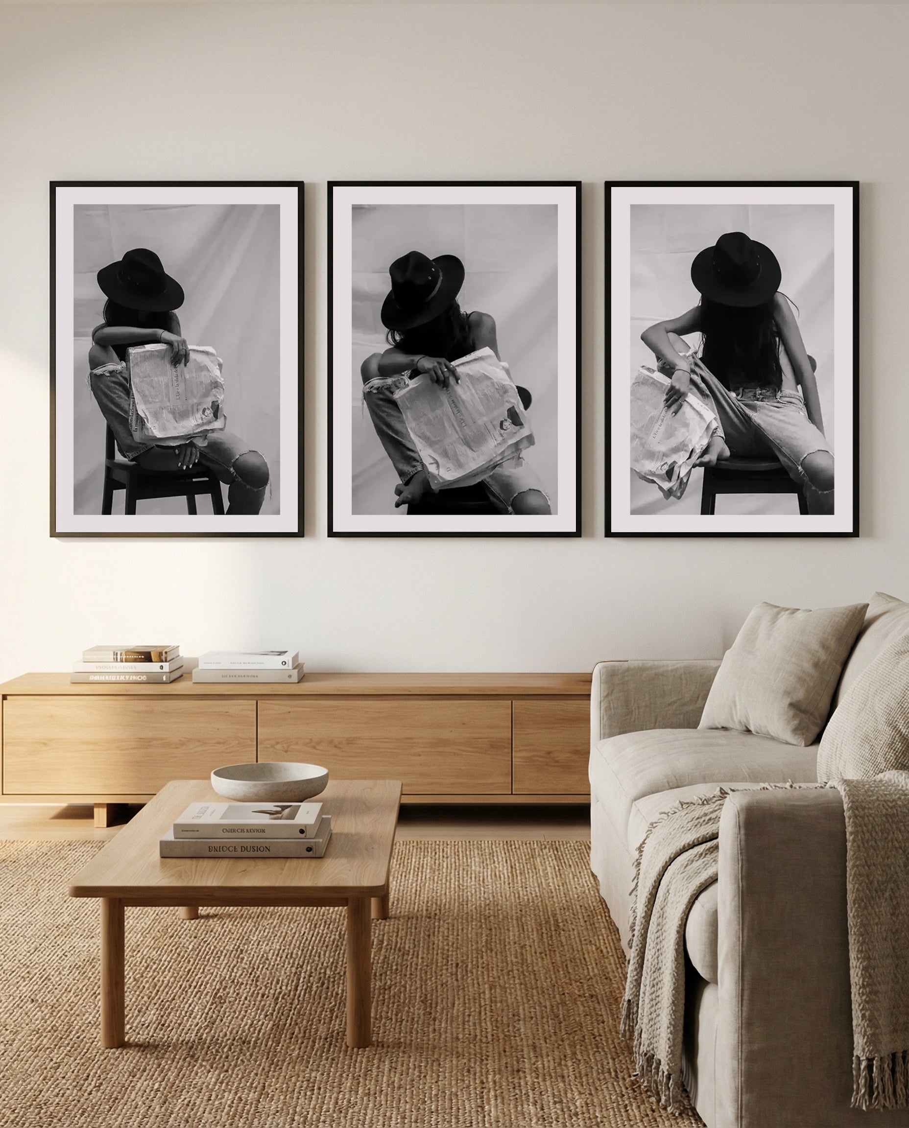 Visionary I, II & III by Mario Stefanelli | 3 Piece Wall Art Set in Black and White art print oak frame with white border